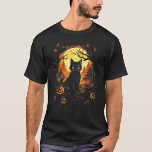Camiseta Gato Negro Con Jackolantern y Luna Llena - Hallow