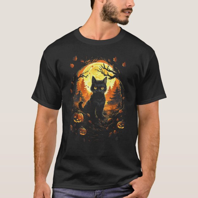 Camiseta Gato Negro Con Jackolantern y Luna Llena - Hallow (Anverso)
