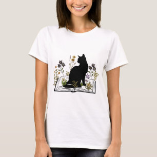 Camiseta Gato negro con libro floral