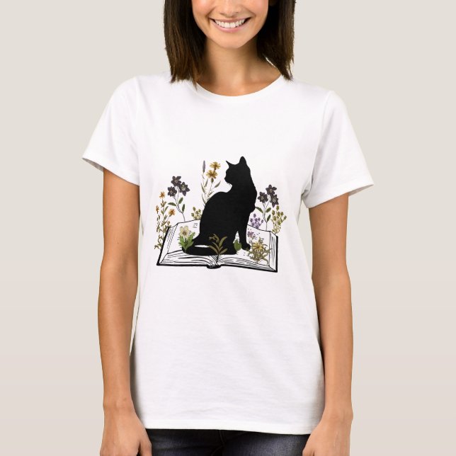 Camiseta Gato negro con libro floral (Anverso)