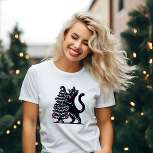 Camiseta Gato Negro Con Luces De Árbol De Navidad