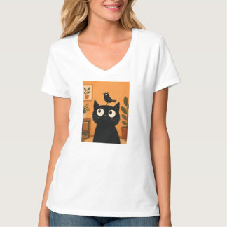 Camiseta Gato Negro Con Pájaro En La Cabeza Botánico Capric