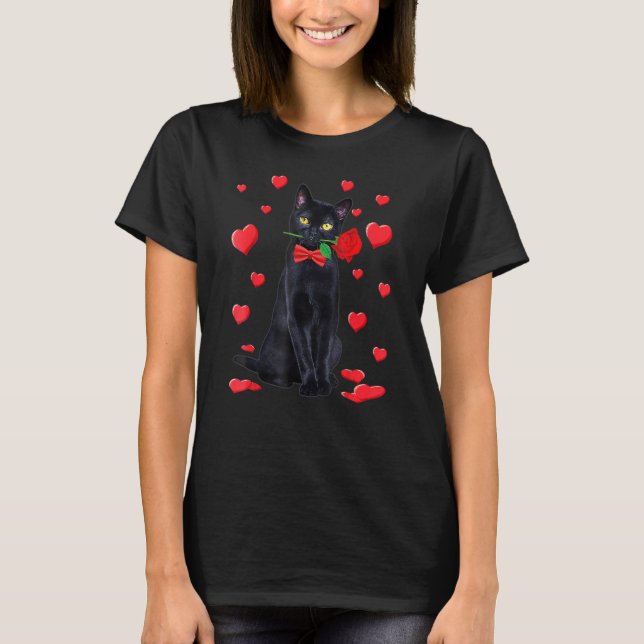 Camiseta Gato negro con Rosa Valentine Cat (Anverso)