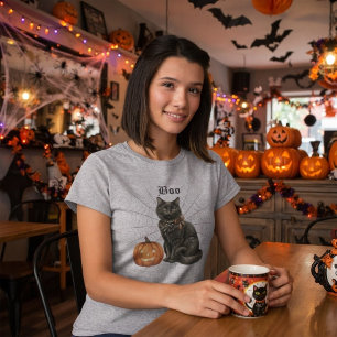 Camiseta Gato negro con telaraña y Jack o Lantern. Boo.