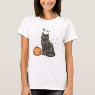Camiseta Gato negro con telaraña y Jack o Lantern. Boo.