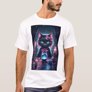 Camiseta Gato negro con telémetro de fortuna de cinta rosad