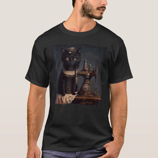 Camiseta Gato Negro Coser Steampunk (Anverso)