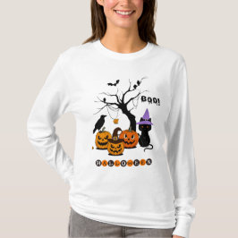Camiseta Gato negro de Halloween adorable con calabazas