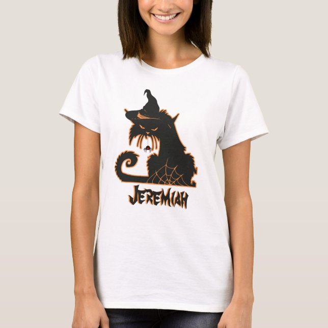 Camiseta Gato Negro de Halloween Bruja Arañas Espeluznantes (Anverso)