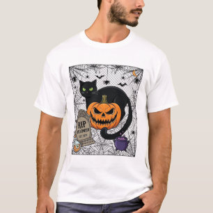 Camiseta Gato negro de Halloween calabaza lápida caldero Ri