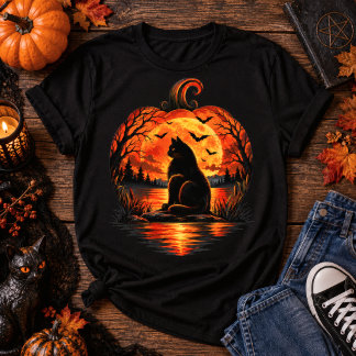 Camiseta Gato Negro de Halloween Calabaza Luna