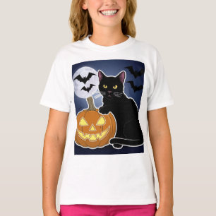 Camiseta gato negro de halloween con calabaza