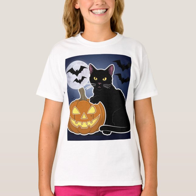 Camiseta gato negro de halloween con calabaza (Anverso)