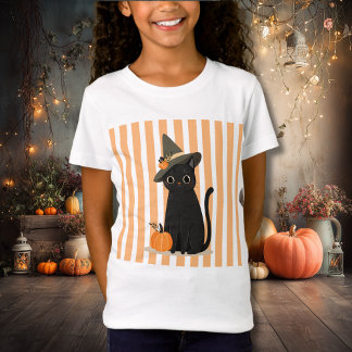Camiseta Gato negro de Halloween con sombrero de bruja y ca