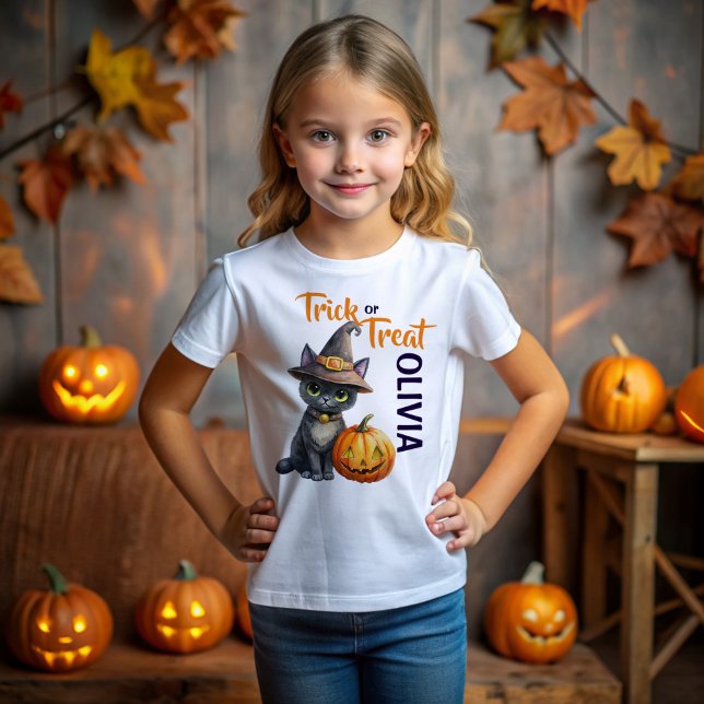Camiseta gato negro de Halloween gato jack o truco de farol (Halloween cute black cat jack o lantern trick or treat personalized name T-Shirt gifts for kids)