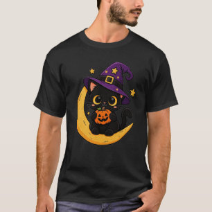 Camiseta Gato negro de Halloween lindo en luna creciente co