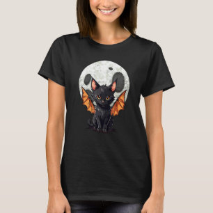Camiseta Gato negro de Halloween naranja con murciélagos, L
