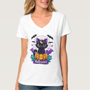 Camiseta Gato negro de Halloween sentado en una calabaza