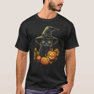 Camiseta Gato Negro de Halloween Sombrero de Bruja Jack o L
