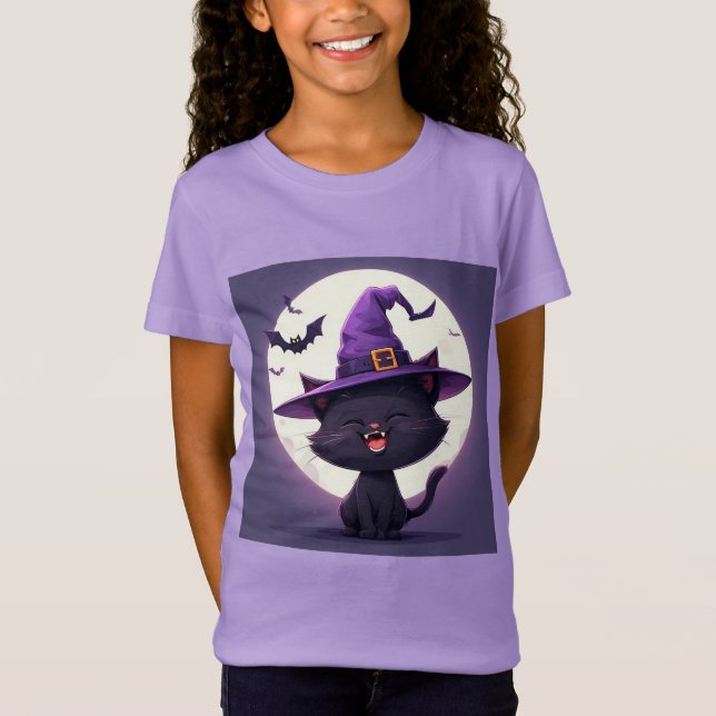 Camiseta Gato negro de Halloween vestido de Gorra bruja (Anverso)