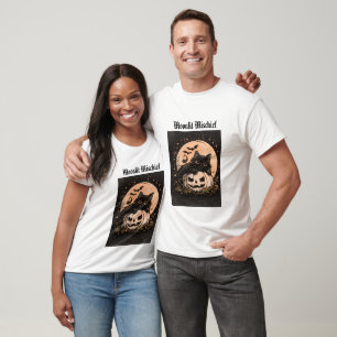 Camiseta Gato Negro de Halloween y Gráfico de Luna Llena de