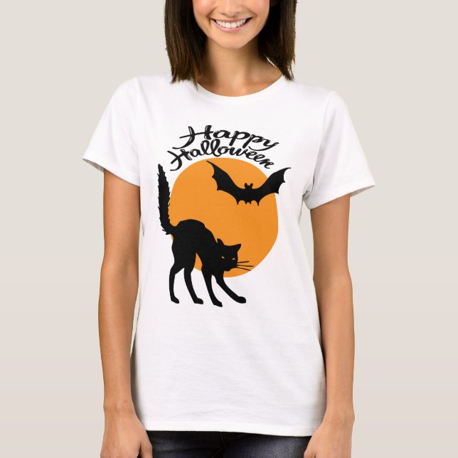 Camiseta Gato negro de Halloween y murciélago con luna, hal (Anverso)