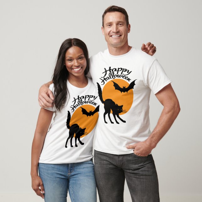 Camiseta Gato negro de Halloween y murciélago con luna, hal (Unisexo)