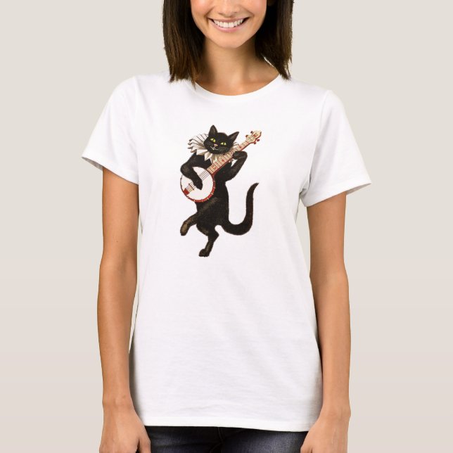Camiseta Gato Negro De Moda Jugando El Banjo (Anverso)