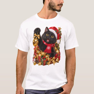 Camiseta Gato Negro de Navidad con Adornos Dorados