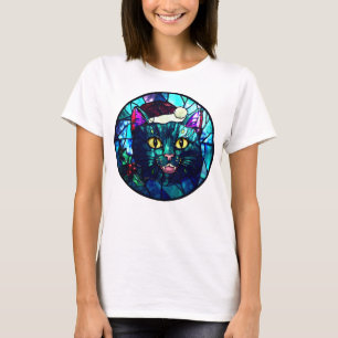 Camiseta Gato negro de Navidad con vidrieras maullando