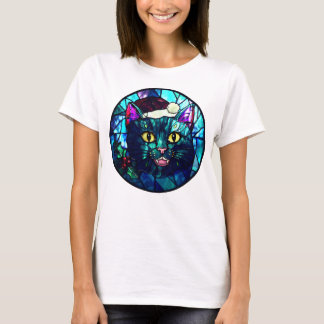 Camiseta Gato negro de Navidad con vidrieras maullando