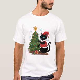 Camiseta Gato Negro de Navidad Sombrero de Santa Árbol Rató