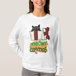 Camiseta Gato negro de Santa Claus enredado en luces de árb