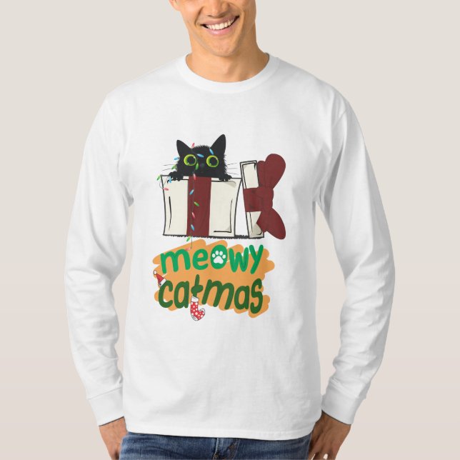 Camiseta Gato negro de Santa Claus enredado en luces de árb (Anverso)