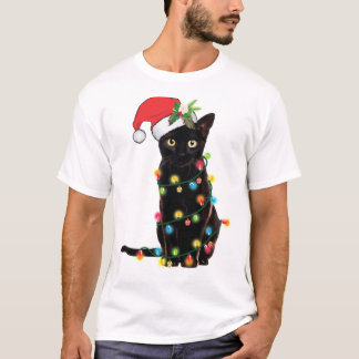 Camiseta Gato Negro De Santa Enfrentado En Navidades Lumino