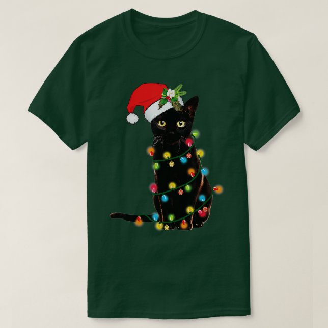 Camiseta Gato negro de Santa enredado en luz de árbol de Na (Diseño del anverso)
