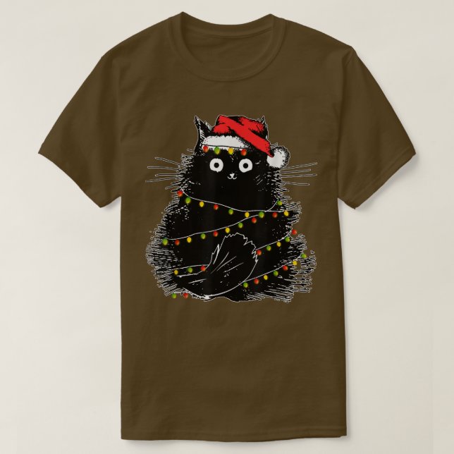 Camiseta Gato negro de Santa enredado en luz de árbol de Na (Diseño del anverso)