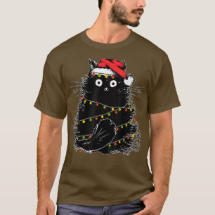 Camiseta Gato negro de Santa enredado en luz de árbol de Na
