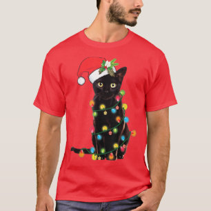 Camiseta Gato negro de Santa enredado en luz de árbol de Na