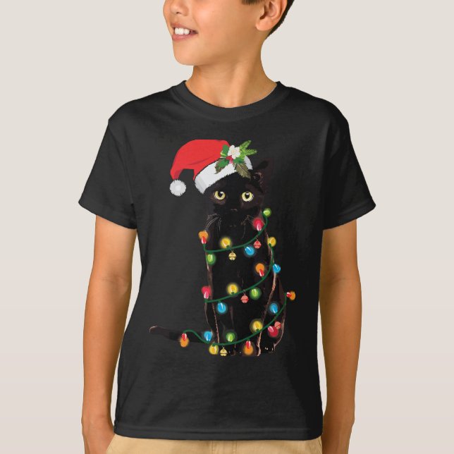 Camiseta Gato negro de Santa enredado en luz de árbol de Na (Anverso)