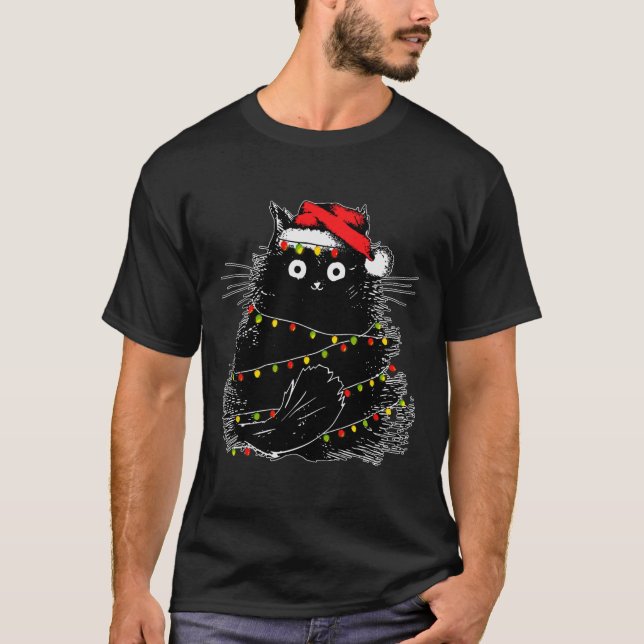 Camiseta Gato negro de Santa enredado en luz de árbol de Na (Anverso)