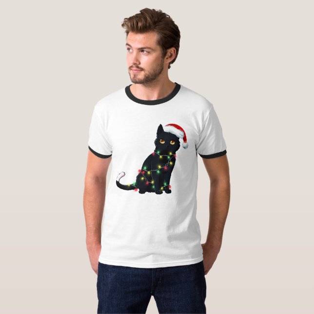 Camiseta Gato negro de Santa enredado en luz de árbol de Na (Anverso completo)