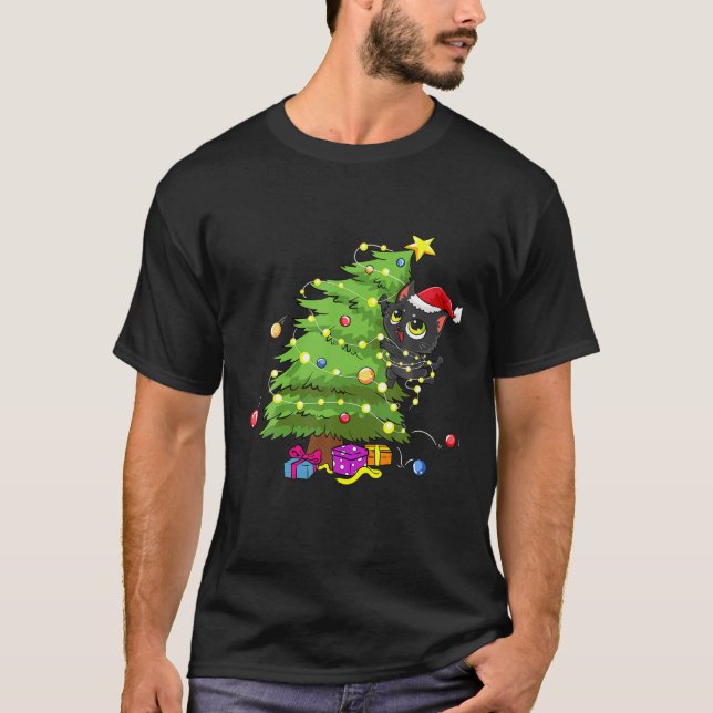 Camiseta Gato negro de Santa enredado en luz de árbol de Na (Anverso)