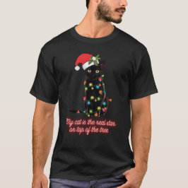 Camiseta Gato negro de Santa enredado en luz de árbol de Na