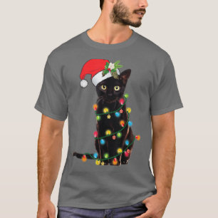 Camiseta Gato negro de Santa enredado en luz de árbol de Na