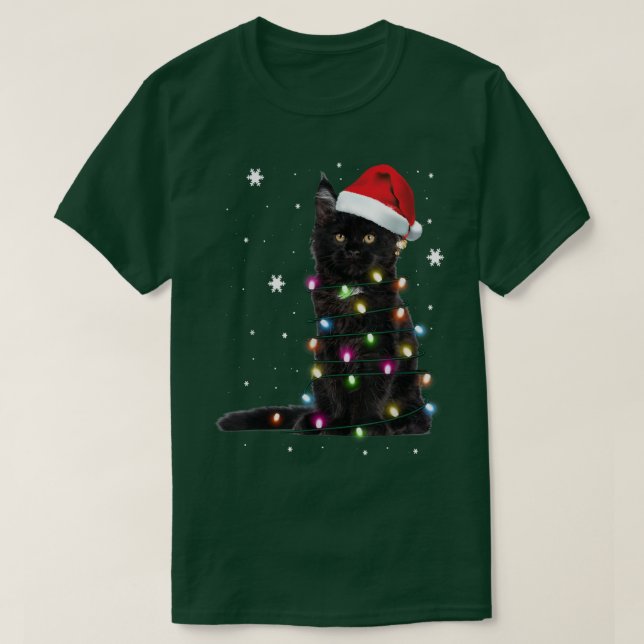 Camiseta Gato negro de Santa enredado en luz de árbol de Na (Diseño del anverso)