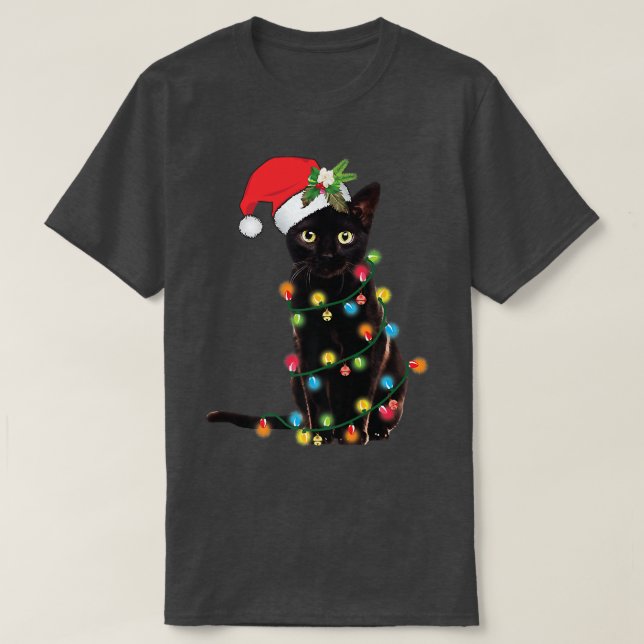 Camiseta Gato negro de Santa enredado en luz de árbol de Na (Diseño del anverso)