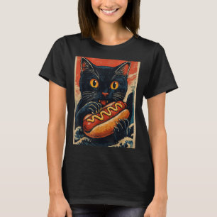 Camiseta Gato negro divertido comiendo hot dog japonés retr