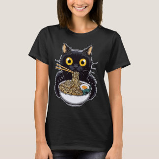 Camiseta Gato negro divertido comiendo Ramen