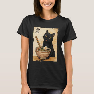 Camiseta Gato negro divertido comiendo ramen japonés kawaii